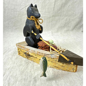 Fishing Bear in Boat - Rustic Farmhouse Cabin Decor -Unique Kitschy Vintage Find
